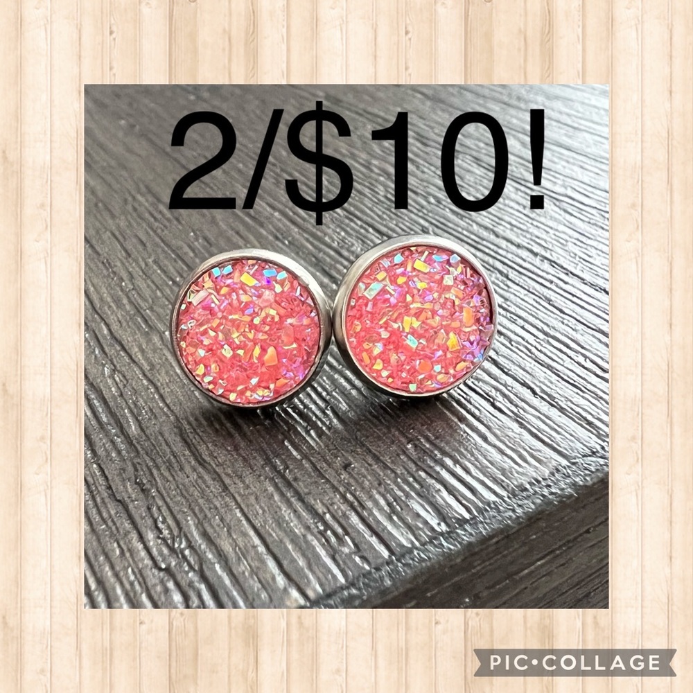 Faux Druzy 10mm stud earrings, pink sparkle, stainless backs, BUNDLE & SAVE!